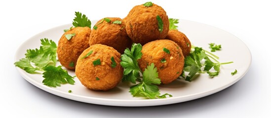 Sticker - Fried falafel and parsley on white background Copy space image Place for adding text or design