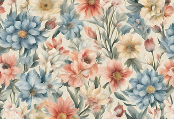  pattern with many abstract spring flowers. For wallpaper or fabric decoration in vintage style. Painting flowers for summer. Botanical background.