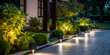 Lighting Up the Night, Garden Led Lighting, Night View Of Flowerbed With Flowers Illuminated By Energy-Saving Solar Powered Lanterns Along Path Causeway On Courtyard Going To The House, generative Ai
