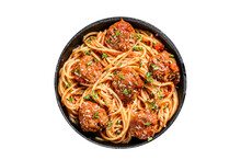 Italian Pasta Spaghetti With Tomato Sauce And Meatballs In Cast Iron Pan With Parmesan Cheese.  Transparent Background. Isolated.