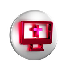 Poster - Red Christian cross on monitor icon isolated on transparent background. Church cross. Silver circle button.