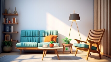 Poster - Modern interior with vintage furniture. Stylish scandinavian composition living room. generative ai