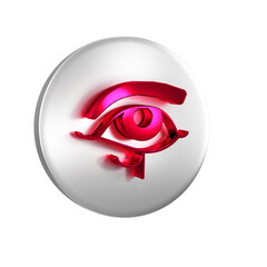 Poster - Red Eye of Horus icon isolated on transparent background. Ancient Egyptian goddess Wedjet symbol of protection, royal power and good health. Silver circle button.