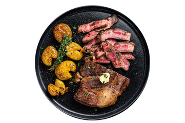 Wall Mural - Cut Grilled rib eye beef meat steak with potato. Transparent background. Isolated.