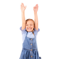 children, smile and hands up with a little girl isolated on transparent background for celebration a
