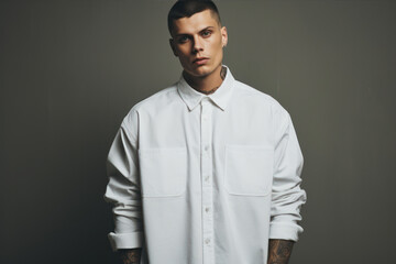 Handsome young man in a white shirt on a gray background