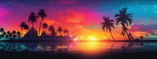 A Tropical Sunset With Colorful Palm Trees And Clouds