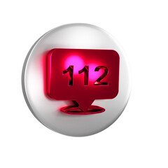 Poster - Red Telephone with emergency call 911 icon isolated on transparent background. Police, ambulance, fire department, call, phone. Silver circle button.