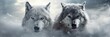 © ratatosk - Two beautiful wild arctic wolves in wolf pack in cold snowy winter forest. Couple of gray wolves. Banner or background with wild animals in nature habitat. Wildlife scene