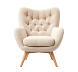 Fototapeta  - Scandinavian-style armchair with plush, beige upholstery, wooden legs, perfect for modern home interior. Lounge chair on transparent background. Cut out furniture. Front view. PNG