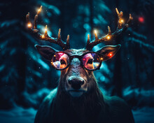 Portrait Of A Reindeer In A Snowy Cold Forest Wearing Glasses. Creative Wild Animal Fun Cute Concept.