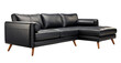 Contemporary black leather sectional sofa with a chaise and round bolsters on angled wooden legs, on transparent background. Side view. Cut out furniture. PNG