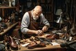 experienced shoemaker mending shoes in his modern shoe store