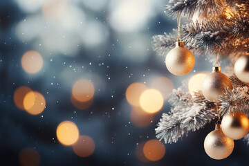 Wall Mural - Close up of christmas tree branch with golden ball and lights in a room with a blurry background of boke of gold and white lights