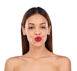 Sticker - Woman, beauty and red lipstick with makeup, portrait and cosmetics isolated on a transparent background. Face, person and model with self care, confidence and wellness with png, pout and glowing