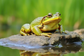 Poster - a bullfrog perched on the edge of a pond