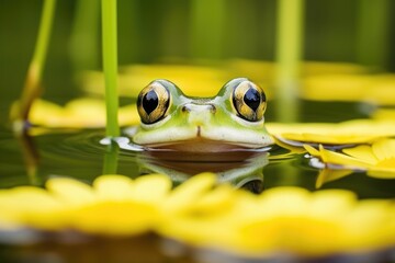 Canvas Print - half-submerged frog in a pond surrounded by lily pads