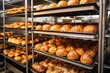 racks filled with multiple loaves in a baking oven