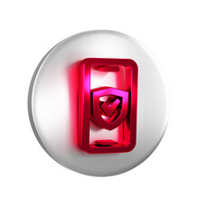 Poster - Red Insurance online icon isolated on transparent background. Security, safety, protection, protect concept. Silver circle button.