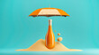 Alcohol awareness month or dry january. Staying dry, orange bottle on a sand under an umbrella. Alcohol Free challenge. No alcohol month creative concept. Copy space, banner