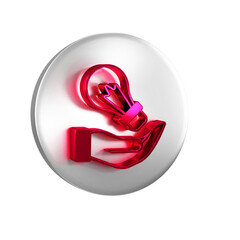 Poster - Red Light bulb in hand with concept of idea icon isolated on transparent background. Energy and idea symbol. Inspiration concept. Silver circle button.