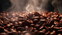 Close-up Of Hot Coffee Beans With Smoke Coming Out.