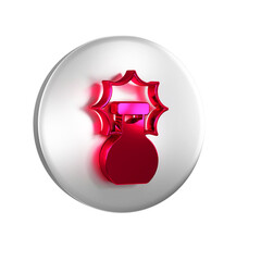 Sticker - Red Chemical experiment, explosion in the flask icon isolated on transparent background. Chemical explosion in a test tube. Silver circle button.