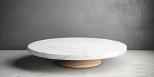 Marbled Round Empty Podium. Background With Copy Space. Marble Table, Rotating Cake Stand, Minimalistic White Banner With Copyspace For Presentations, Sales, Advertising, Food, Cosmetics