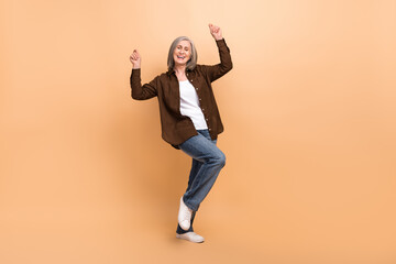 Canvas Print - Full length body photo of attractive businesswoman dancer carefree party celebrate her last day working isolated on beige color background