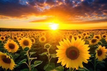 Poster - majestic sunset over a field of blooming sunflowers