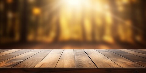 Poster - Natural elegance. Empty vintage wooden table in heart of nature. Serenity in wood. Sunlit tabletop embraced by lush greenery. Forest retreat in sunlight