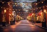 Fototapeta Paryż - A picturesque view of a town's main street adorned with sparkling Christmas garlands