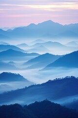 Wall Mural - Beautiful landscape of mountains in foggy morning. Beauty in nature.