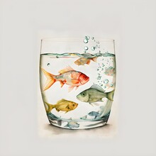Watercolor Vintage Illustration Of Fish Swimming In A Glass Of Water