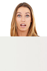 Poster - Portrait, woman and surprise with poster sign for advertising space, promotion and crazy sales offer isolated on transparent png background. Announcement, board and wow face for mockup, news and deal