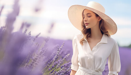 Woman in a hat in a field of lavender ,spring concept