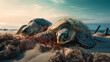 Horizontal AI photo of turtles on the beach caught by a net. Social problems concept