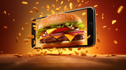 A juicy cheeseburger flying out of your smartphone screen.