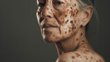 Fototapeta  - Vitiligo , close-up of age pigment spots on the face skin of an old human, cosmetic procedure for the removal of vitiligo by laser. Melanoma, a malignant mole on the skin. 