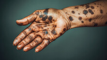 Vitiligo , Close-up Of Age Pigment Spots On The Hand Skin Of An Old Human, Cosmetic Procedure For The Removal Of Vitiligo By Laser. Melanoma, A Malignant Mole On The Skin. 