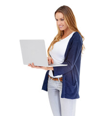 Canvas Print - Typing, smile and woman with a laptop, email and connection isolated on a transparent background. Happy, person or model with a pc, technology or internet with website information, digital app or png