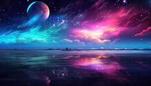 A Magical Night On The Beach Overlooking Space In Neon Color ,spring Concept