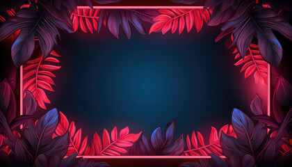 Tropical frame of flowers and leaves with space in the center in neon color ,spring concept