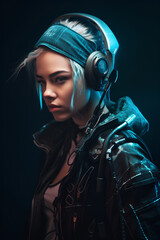 Wall Mural - Portrait of young beautiful woman in futuristic jacket with headphones. Fashion of future concept.