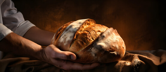 Wall Mural - Man's hands holding loaf of bread. Bread baking concept photo