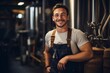 portrait of smiling 30 year old handsome male brewer in brewery, generated ai