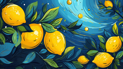 Wall Mural - Hand drawn cartoon art abstract van Gogh style impressionist lemon fruit illustration background material
