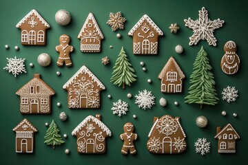 Gingerbread homemade cookies with gingerbread man, houses and Christmas trees on green background