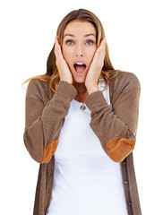 Canvas Print - Portrait, surprise and woman with wow, news and promotion isolated on a transparent background. Face, person and model with expression, shocked and reaction with omg, png and excited with emotion