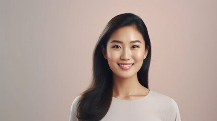 Wall Mural - Radiant young Asian woman with sleek hair, smiling gently, dressed in white on a soft pink backdrop